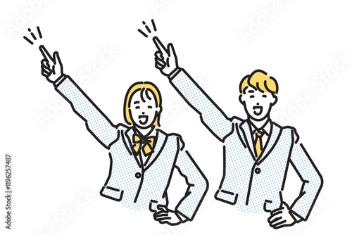 シンプル　イラスト　未来を指差す学生の男子と女子