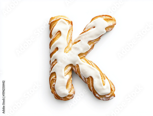 a letter K made of danish kringle with white icing. top view. Minimalistic design on a plain white background photo