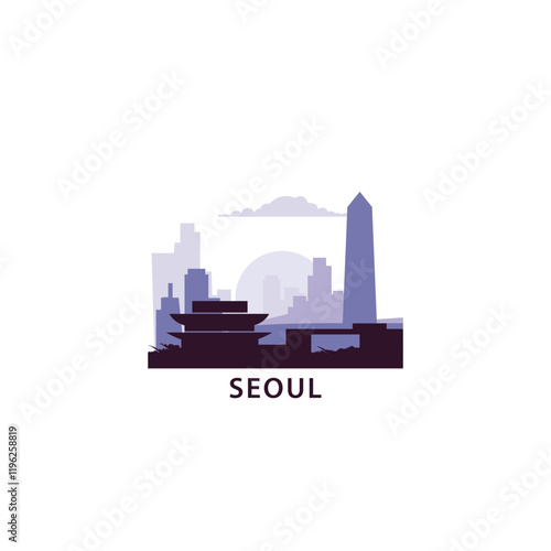 Seoul logo with skyline, cityscape retro vector icon. South Korea city horizon, facade, travel logotype