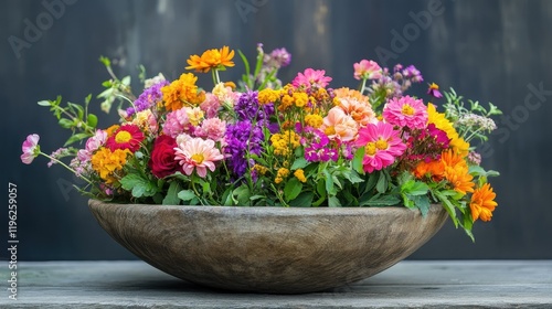 Wallpaper Mural A vivid display of fresh flowers in a rustic wooden bowl, offering a cheerful and natural vibe, perfect for decor themes. Torontodigital.ca