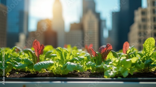 Urban Rooftop Garden with Fresh Vegetables and Skyline