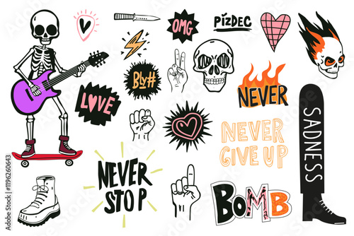 Vibrant collection of punk-themed elements: skeletons, skulls, bold text, and symbols like hearts, fists, and flames in a lively, colorful style. Grunge style. Vector illustration