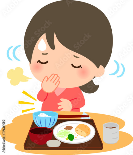 満腹で苦しくなり食事を残す女性