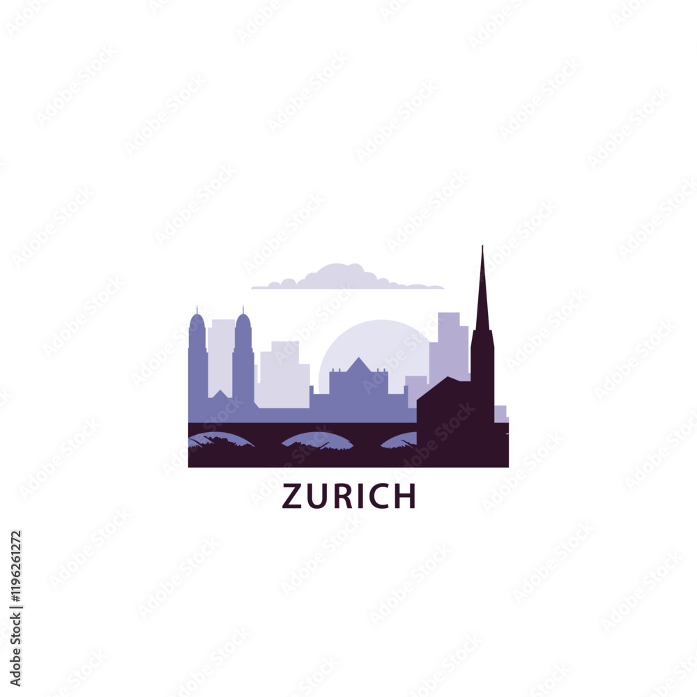 Zurich logo with skyline, cityscape retro vector icon. Switzerland city horizon, facade, travel logotype Zurich logo with skyline, cityscape retro vector icon. Switzerland city horizon, facade, travel logotype