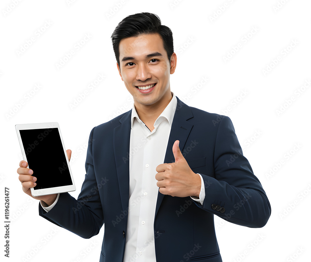 Attractive businessman smiling, holding a tablet and giving a thumbs up gesture. Attractive businessman smiling, holding a tablet and giving a thumbs up gesture.