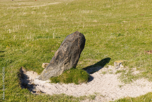 Scotland, Hebrides. Isle of Barra. Borve standing stone. Near Borve. Moorland. photo