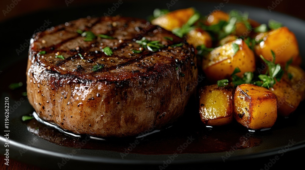Succulent Grilled Steak with Golden Roasted Potatoes on Dark Plate Succulent Grilled Steak with Golden Roasted Potatoes on Dark Plate