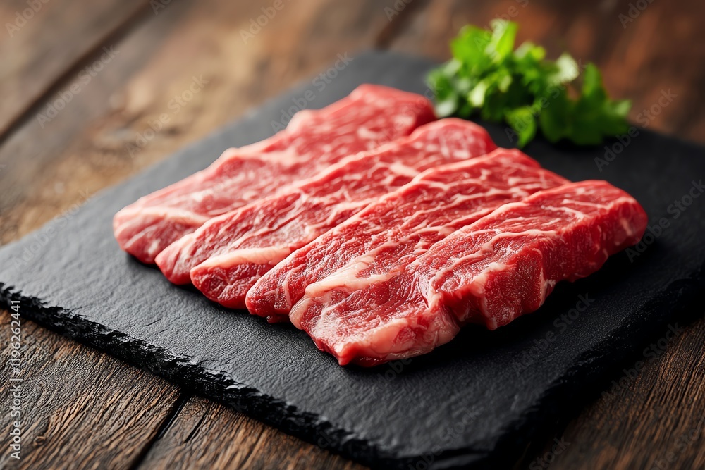 Fresh marbled beef slices on a slate board with parsley garnish, ready for cooking. Fresh marbled beef slices on a slate board with parsley garnish, ready for cooking.