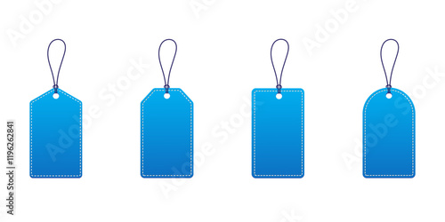 Set of blue paper price tags or gift tags. Paper labels with cord. Blank tags for luggage and gift cards. Isolated paper tags or price tags set. Flat vector design.