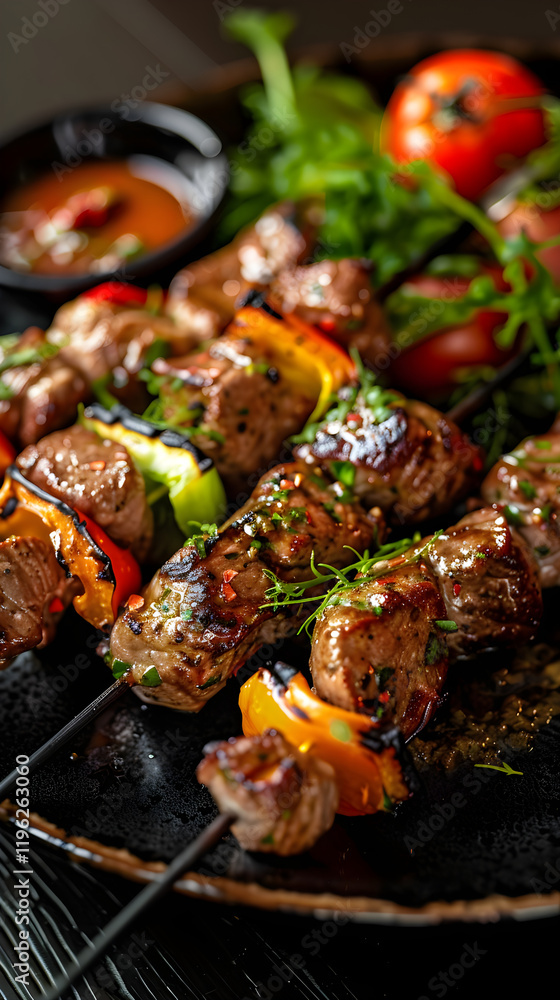 Mouthwatering Gourmet Kebab with Juicy Meat Skewers and Colorful Roasted Vegetables on Fresh Greens Mouthwatering Gourmet Kebab with Juicy Meat Skewers and Colorful Roasted Vegetables on Fresh Greens