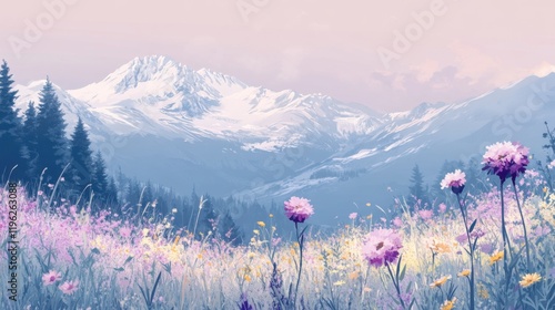 A beautiful artistic nature illustration featuring a snow-covered mountain plateau surrounded by wildflowers, designed in a poster-style aesthetic with soft hues  photo