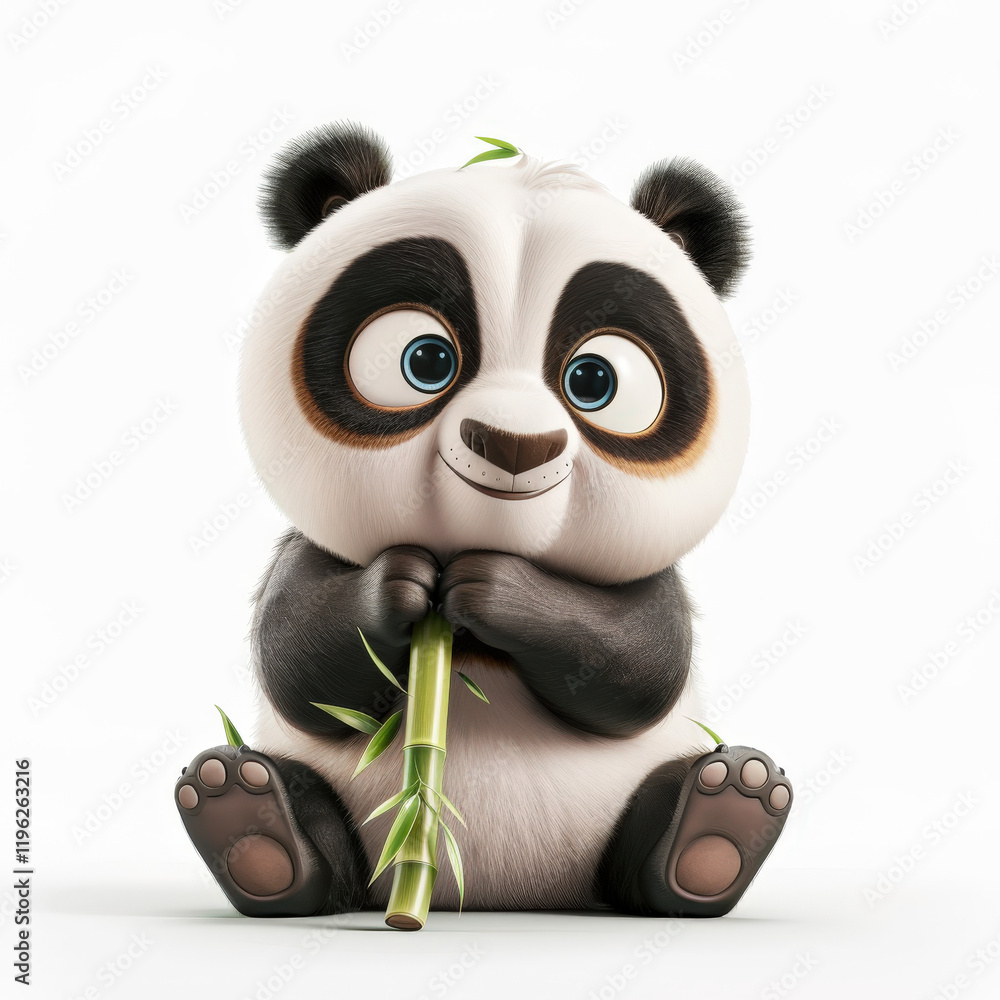 Cute Cartoon Panda Sitting and Holding Bamboo with a Charming Smile Cute Cartoon Panda Sitting and Holding Bamboo with a Charming Smile