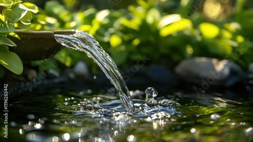 Water Flowing into a Clean Reservoir Surrounded by Greenery