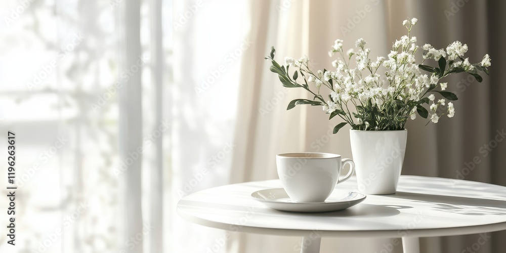 Sunny room, white table, teacup, flowers, calm scene Sunny room, white table, teacup, flowers, calm scene