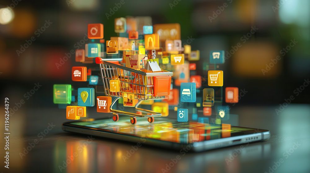 digital shopping cart hovers above smartphone, surrounded by colorful icons representing online shopping digital shopping cart hovers above smartphone, surrounded by colorful icons representing online shopping