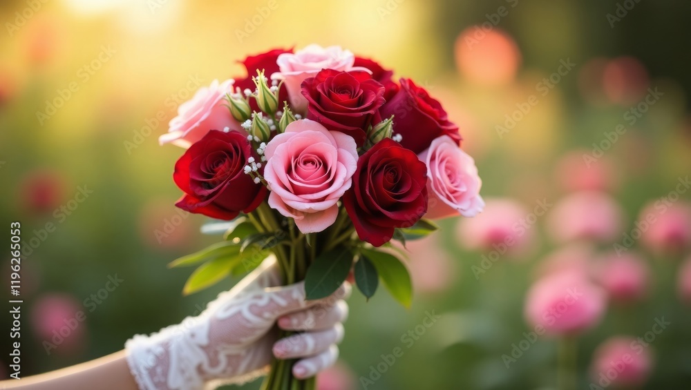 Obraz premium Beautiful bouquet of pink and red roses in the hands of a woman wearing lace gloves, symbolizing love and romance or Valentine's Day.