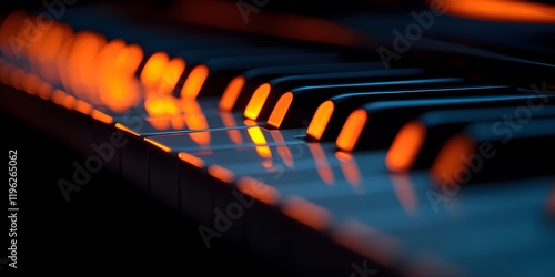 Close-up view of piano keys and computer keyboard elements