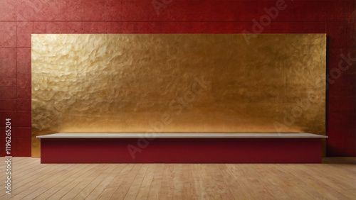 A vintage empty room with wooden walls, parquet floor, and patterned wallpaper red and gold wall for Chinses 