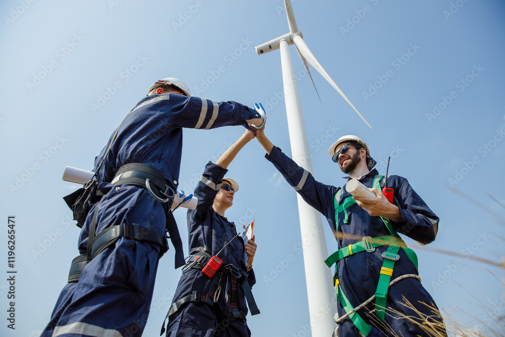 Fototapeta premium Successful teamwork engineer wind turbine worker safety uniform survey operational planning windmill field clean energy. Alternative technology protect environment reduce global warming problems.