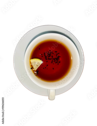 A close-up overhead shot of a steaming cup of black tea, garnished with a slice of fresh lemon, inviting you to savor the warm and citrusy flavors. 