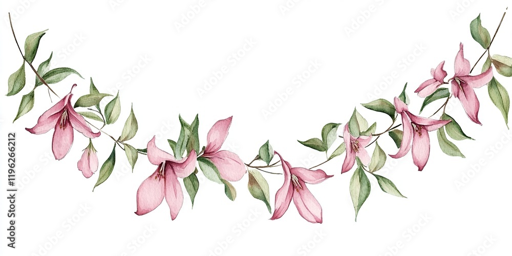 Fototapeta premium Watercolor Pink Flowers, Green Leaves Branch, Botanical Illustration, Floral Design, Elegant Arrangement, Nature Artwork, Pretty Blossom, Delicate Flowers, Spring Blooms, Romantic Decor