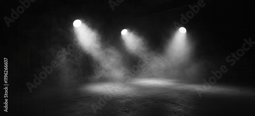 Stage spotlights illuminate smoky dark room