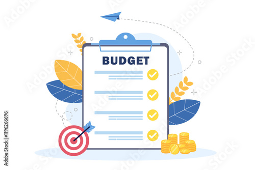 Budget planning or income management concept. Planning sheet with goal and money ornament for business, strategy, finance and accounting budget planning concept. Flat vector illustration.
