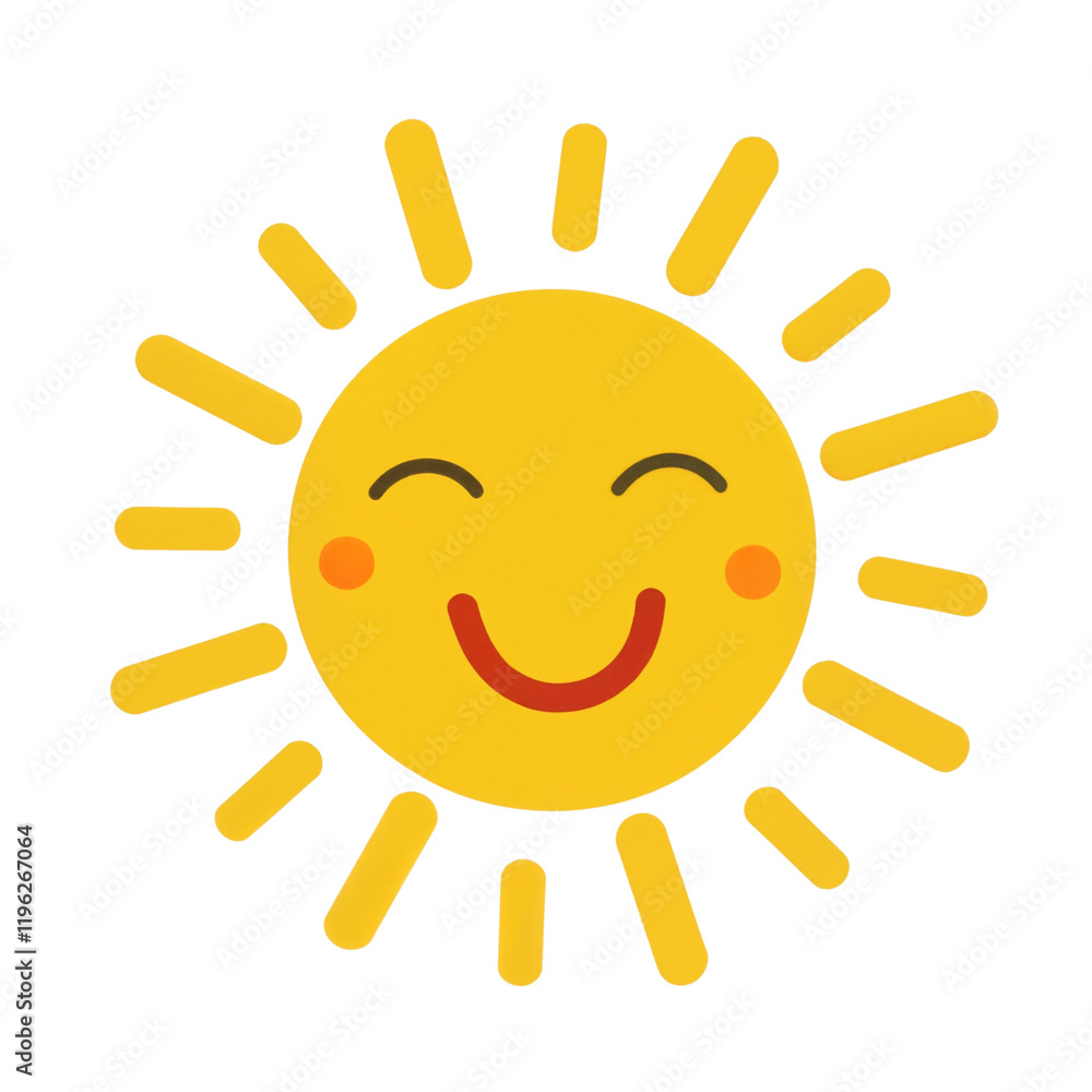 A cheerful, cartoon-like yellow sun with a smiling face, closed eyes, and rosy cheeks. The sun has simple yellow rays extending outward. Cute sun with a smile for a sticker. Design element. A cheerful, cartoon-like yellow sun with a smiling face, closed eyes, and rosy cheeks. The sun has simple yellow rays extending outward. Cute sun with a smile for a sticker. Design element.