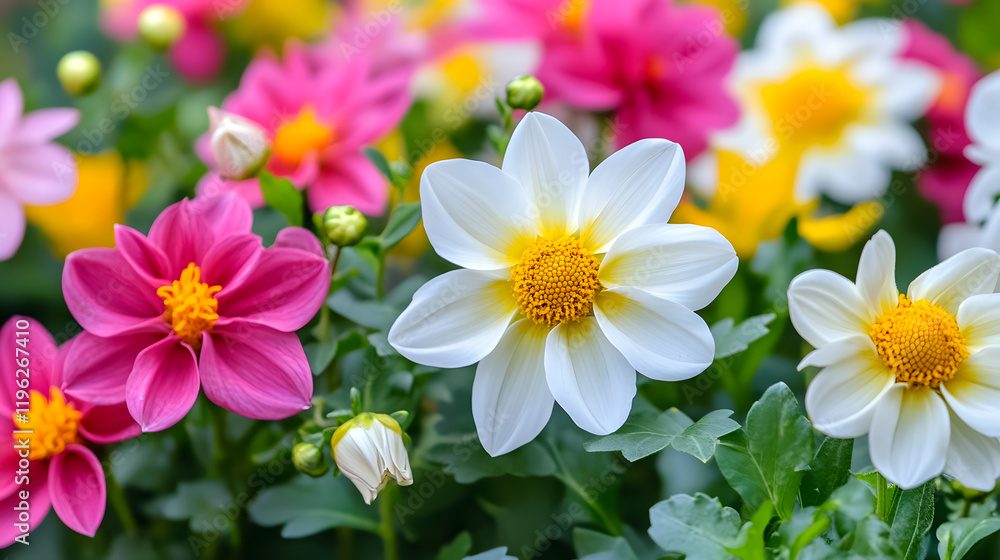 Close-up view of vibrant dahlia flowers in a garden.  Pink, white, and yellow blossoms create a cheerful, colorful scene.