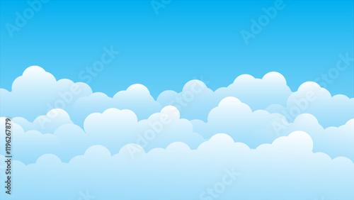 Clouds with blue sky vector illustration. Background with blue sky and white clouds. Abstract template for postcard, web design, graphic design with your text, banner or summer poster. Flat vector. 
