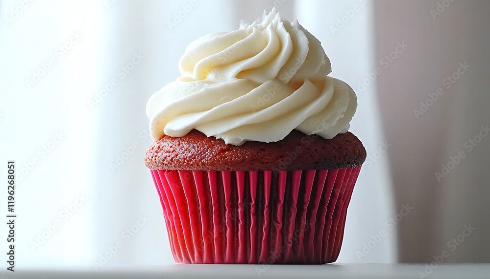 A delectable red cupcake adorned with fluffy white frosting set against a bright white backdrop A delectable red cupcake adorned with fluffy white frosting set against a bright white backdrop