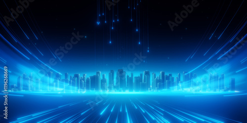 Fototapeta Naklejka Na Ścianę i Meble -  Futuristic Cityscape with Glowing Blue Lights