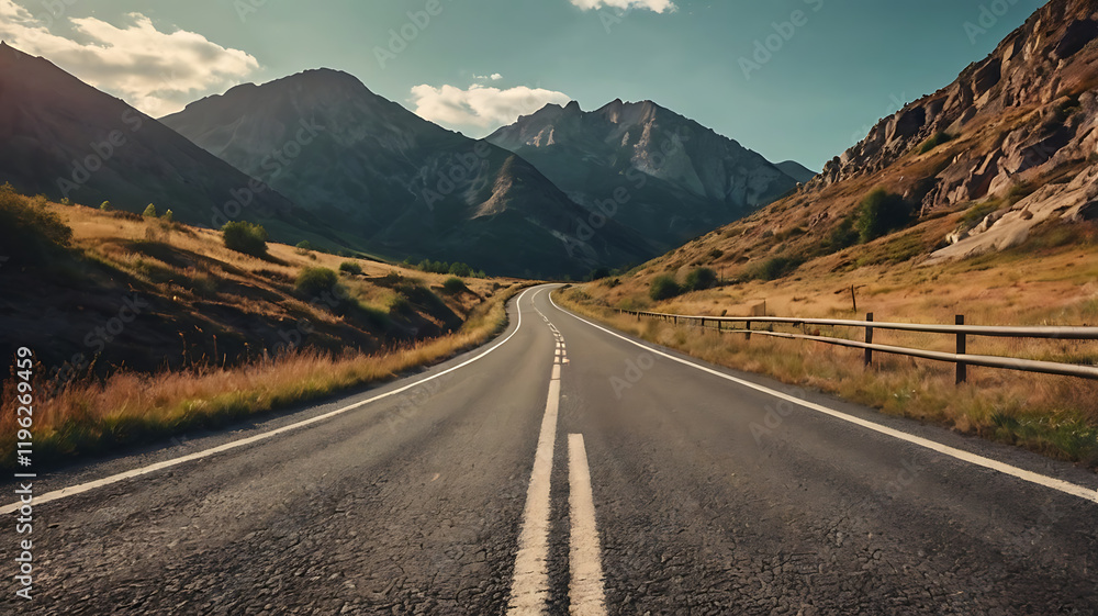 Fototapeta premium Scenic mountain road with clear skies and distant hills