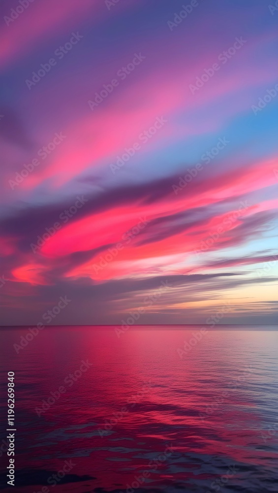 Naklejka premium The sky bursts into a vibrant symphony of colors, a canvas painted with hues of rose, magenta, and fiery orange. The sun, a fiery orb, dips below the horizon, casting long shadows across the tranquil 