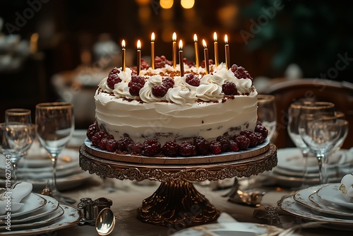 Birthday cake with lit candles on a table. photo