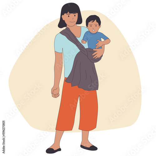A mother carrying baby using baby sling carrier illustration