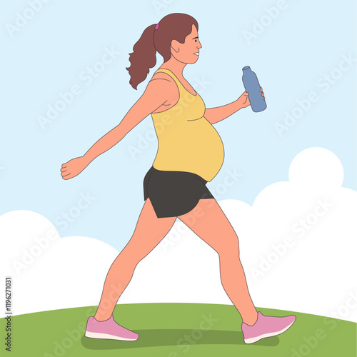A pregnant woman is jogging holding water bottle illustration