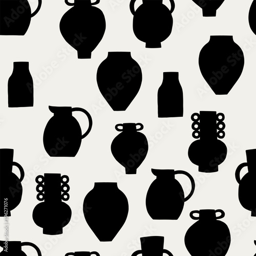 Black and White Organic Pottery Ceramic Vases Seamless Pattern. Various Handmade Decorative Vases Wallpaper. Vector Graphic Repeat Contemporary Background. Simple Surface Design for Print Art