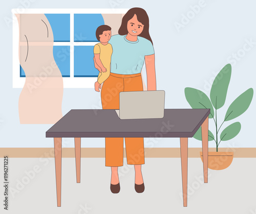 Mother carrying baby while working on laptop illustration