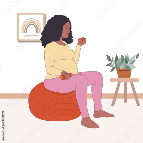 Pregnant woman workout using dumble and yoga ball illustration