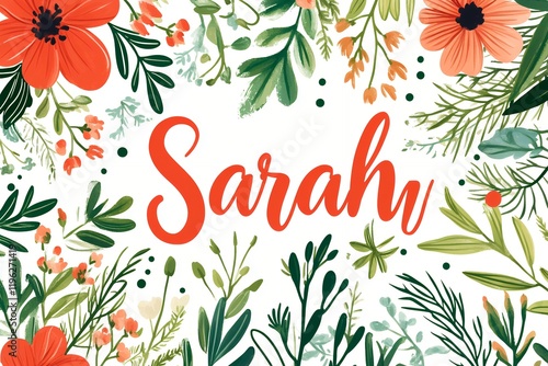 Watercolor floral design featuring the name Sarah, perfect for a greeting card or art print. photo