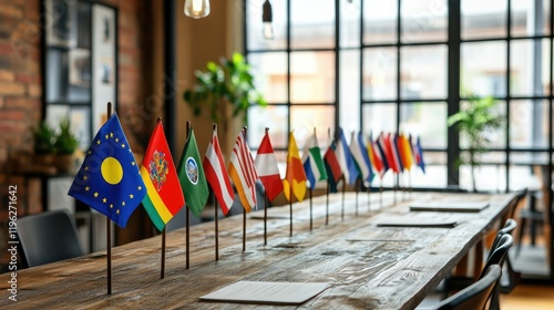 Vibrant flags representing different nations displayed on a rustic wooden table in a bright office space