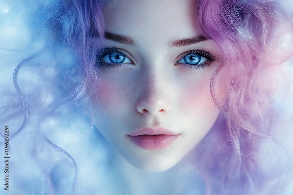 Close-up portrait of a girl with blue eyes and pastel pink and blue hair. Close-up portrait of a girl with blue eyes and pastel pink and blue hair.