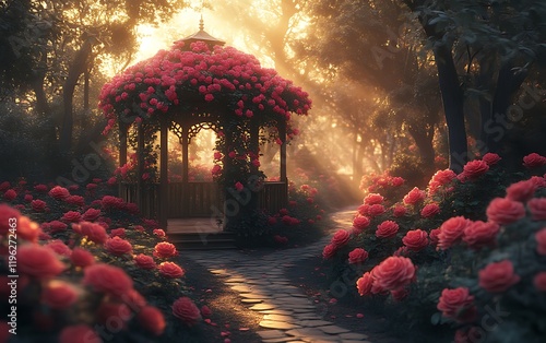 Sunlit rose garden gazebo path. photo