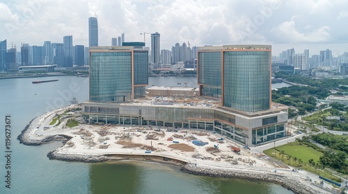 Aerial view of modern waterfront hotel complex under construction, city skyline backdrop. photo