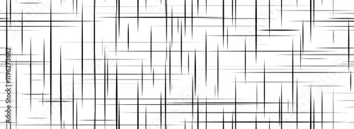 Black cross hatch seamless texture. Repeated straight scratch line pattern surface. Rough sackcloth fabric background. Crosshatch linen canvas burlap overlay wallpaper. Vector textile backdrop