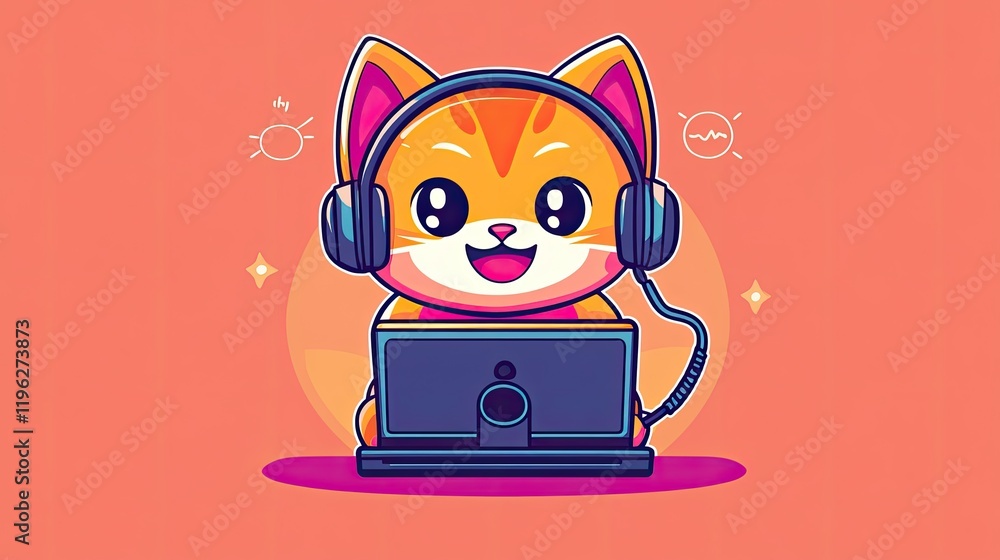 Happy cartoon cat using laptop, headphones on, orange background, stars. Perfect for kids tech, gaming, or education Happy cartoon cat using laptop, headphones on, orange background, stars. Perfect for kids tech, gaming, or education
