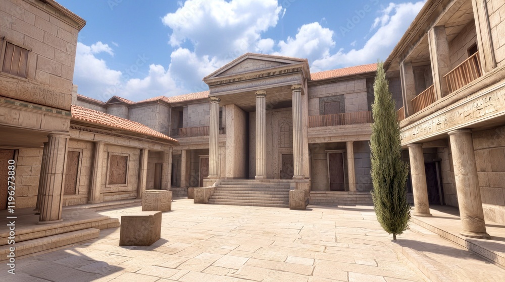 Obraz premium Ancient courtyard featuring classical architecture and stone structures.