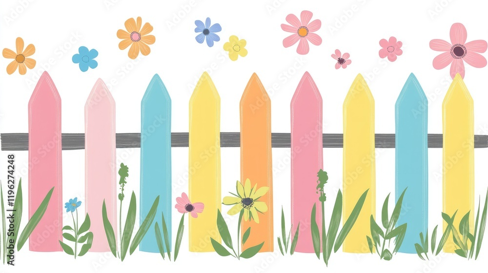 A cheerful collection of picket fence designs with vibrant colors, perfect for spring or garden themes, on white. A cheerful collection of picket fence designs with vibrant colors, perfect for spring or garden themes, on white.