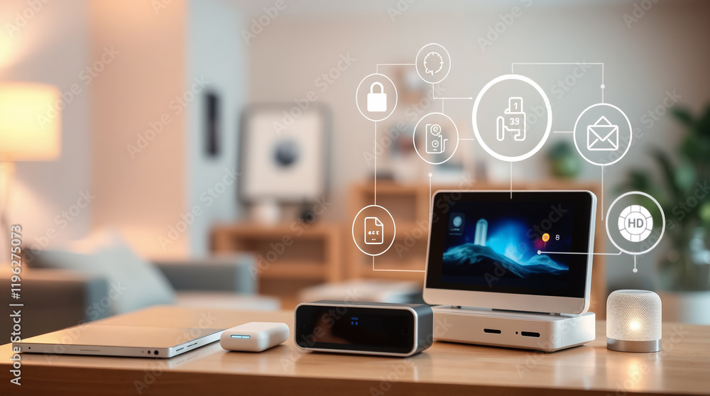 Smart Home Security System Interface with Digital Icons Floating in Modern Living Room Interior with Connected Devices Smart Home Security System Interface with Digital Icons Floating in Modern Living Room Interior with Connected Devices